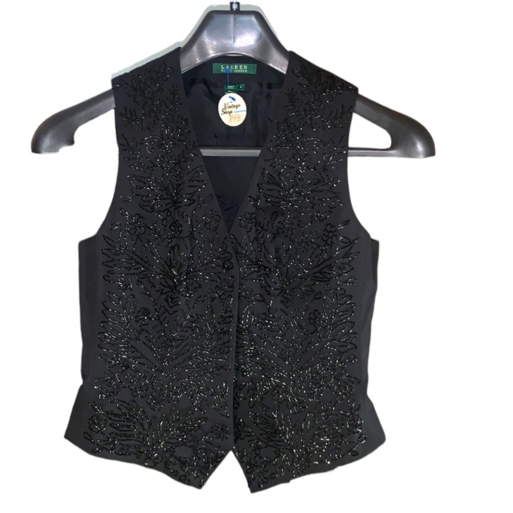 Vintage, Ralph Lauren, Womens, Black, Rhinestone, Floral Vest. Size 8.